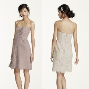 David’s Bridal Short Strapless All Over Lace Dress Tan Sweetheart Neck Mini 18